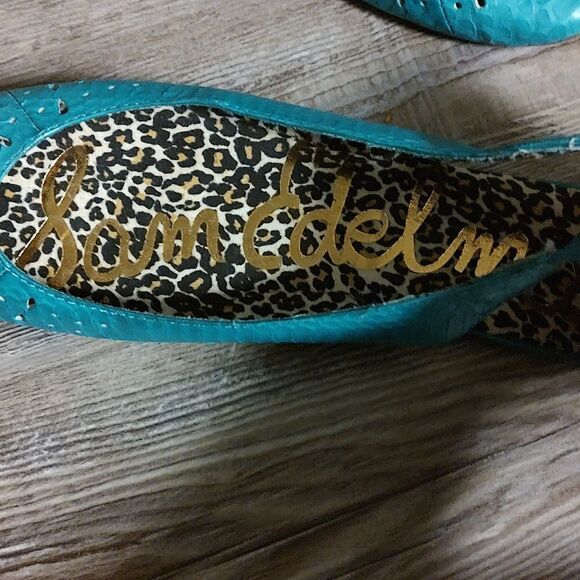 Sam Edelman Colette snakeskin  turquoise back strap  flats  Sz 7 - Picture 6 of 7